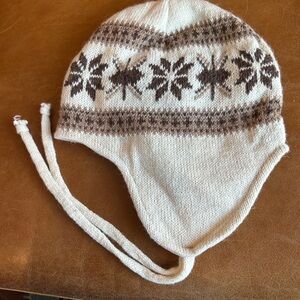 Unisex Cream and Brown Knit Earflap Hat Shell- 100% Alpaca made in USA